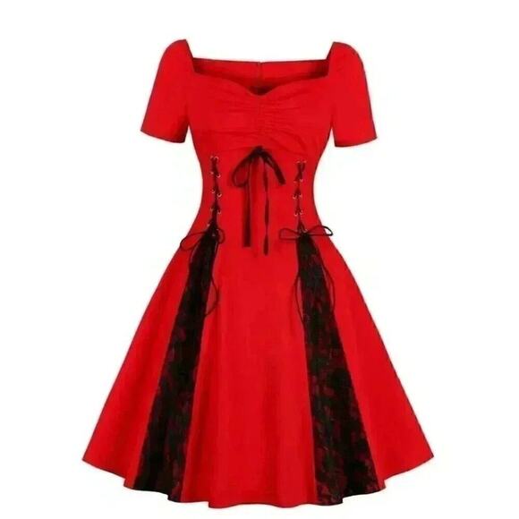 Retro Drawstring Gothic Lace Up Dress, Off Shoulder Short Sleeve Waist Sz M - Picture 1 of 6